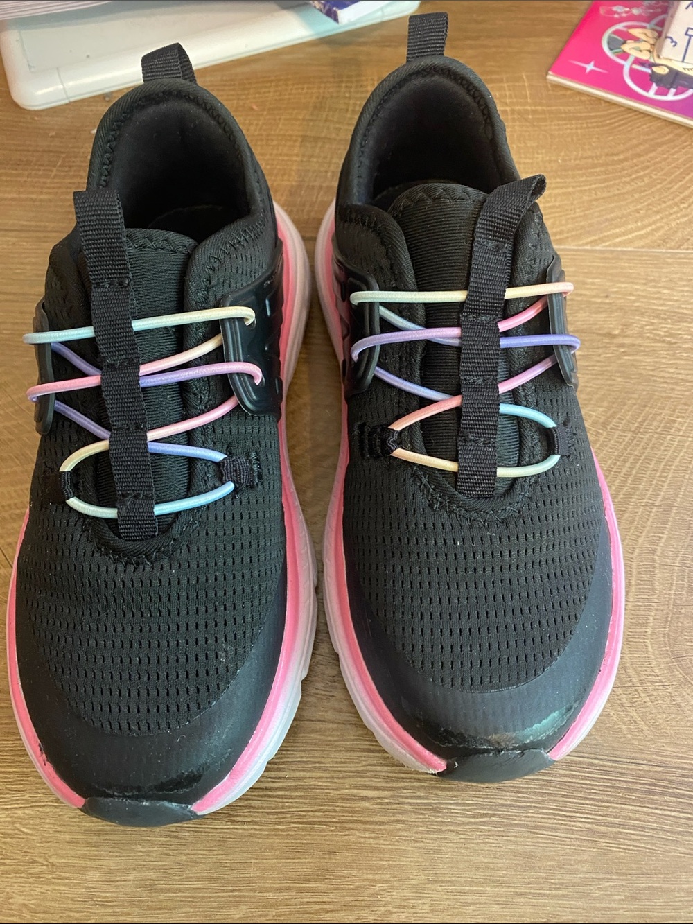 wonder nation Black Sneakers with Pink Trim and Pastel Rainbow Laces
